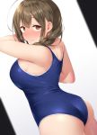  1girl ahoge arm_up armpits ass back bangs bare_arms blue_swimsuit blush braid breasts brown_eyes brown_hair closed_mouth crossed_bangs empty_eyes gradient gradient_background hair_between_eyes highleg highleg_swimsuit idolmaster idolmaster_shiny_colors kuwayama_chiyuki large_breasts long_hair looking_at_viewer looking_back one-piece_swimsuit satou_kuuki school_swimsuit shoulder_blades sidelocks single_braid solo sweat swimsuit 
