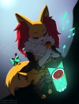  2019 4_fingers anthro blush boots braixen breasts cleavage clothed clothing cosplay digital_media_(artwork) dress eyes_closed fan_character female fingers footwear fur hi_res holding_object holding_weapon inner_ear_fluff jacket kittydee legwear melee_weapon multicolored_fur musical_note nintendo pok&eacute;mon pok&eacute;mon_(species) red_(transistor) red_fur red_nose ribbons seraphine_(roflfox) singing smile solo stick sword thigh_highs topwear transistor video_games weapon white_fur yellow_fur 