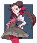  1girl absurdres bangs big_hair bow brown_hair closed_mouth cowboy_shot dress gym_leader hair_bow hair_ornament hair_pulled_back hands_on_hips highres long_hair looking_at_viewer nazonazo_(nazonazot) necktie pantyhose pink_legwear pokemon pokemon_(game) pokemon_masters pokemon_rse red_bow red_eyes red_legwear red_neckwear school_uniform shiny shiny_hair shirt short_sleeves simple_background solo standing tsutsuji_(pokemon) twintails undershirt 