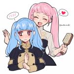  2girls alternate_hairstyle bangs blue_hair blunt_bangs blush brown_eyes closed_eyes closed_mouth do_m_kaeru fire_emblem fire_emblem:_three_houses garreg_mach_monastery_uniform hair_brush heart hilda_valentine_goneril holding_brush long_hair long_sleeves marianne_von_edmund multiple_girls open_mouth pink_hair simple_background speech_bubble spoken_blush spoken_heart twintails twitter_username uniform upper_body white_background 