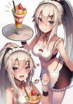  1girl 9a-91_(girls_frontline) :d apron bangs blue_eyes blush breasts dakunesu detached_collar eyebrows_visible_through_hair food girls_frontline giving hair_between_eyes hair_ornament heart highres holding holding_tray ice_cream long_hair looking_at_viewer maid_headdress medium_breasts multiple_views open_mouth ponytail silver_hair simple_background smile solo sundae tray very_long_hair white_background wrist_cuffs 