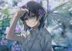  aqua_eyes black_hair close flowers omutatsu original rain short_hair umbrella water 