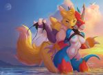  &lt;3 &lt;3_eyes 2019 anthro areola assisted_exposure beach big_breasts big_claws bikini blush breasts claws clothing crossgender day detailed detailed_background digimon digimon_(species) digital_drawing_(artwork) digital_media_(artwork) dripping duo female female/female fingers flamedramon fleet-foot fluffy fluffy_tail fur hi_res huge_breasts invalid_tag navel nipples open_mouth outside pussy renamon seaside smile sunset swimming swimwear thick_thighs topwear undressing water wide_hips 