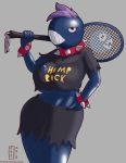  2018 big_breasts blush breasts chain_chomp clothing collar female grey_background hair humanoid looking_at_viewer navel purple_hair shirt simple_background solo spiked_collar spikes tennis_racket thetransformtentacle topwear torn_clothing under_boob wide_hips 