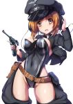  1girl alternate_costume ass_visible_through_thighs bangs belt between_breasts black_headwear black_leotard black_neckwear blush boko_(girls_und_panzer) breasts brown_belt brown_eyes brown_hair chaps commentary cowboy_shot dai_toro frown girls_und_panzer grey_coat groin gun hand_on_headphones handgun hat headphones highleg highleg_leotard highres holding holding_gun holding_weapon insignia leaning_to_the_side leotard long_sleeves looking_at_viewer medium_breasts military_hat necktie nishizumi_miho open_mouth peaked_cap pouch short_hair shrug_(clothing) simple_background solo standing strapless strapless_leotard thighs trigger_discipline weapon weapon_request white_background wing_collar 