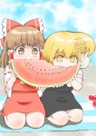 2girls afterimage black_skirt black_vest blanket blonde_hair blue_sky blush bosutonii bow brown_eyes brown_hair cloud commentary_request day detached_sleeves eating eyebrows_visible_through_hair fangs food fruit hair_between_eyes hair_bow hair_tubes hakurei_reimu highres holding holding_food kirisame_marisa looking_down medium_hair melon_slice motion_lines multiple_girls no_hat no_headwear outdoors puffy_short_sleeves puffy_sleeves red_skirt red_vest ribbon-trimmed_sleeves ribbon_trim sandals sandals_removed seiza shared_food shirt short_sleeves sitting skirt sky spitting sweatdrop touhou vest watermelon watermelon_seeds white_shirt yellow_eyes 