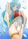  1girl aqua_hair blue_eyes closed_mouth deekei earrings eirika fire_emblem fire_emblem:_the_sacred_stones highres jewelry long_hair one-piece_swimsuit simple_background solo swimsuit towel 
