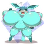  1:1 2019 belly big_breasts bikini blush breasts clothed clothing digital_media_(artwork) eeveelution female glaceon hi_res huge_breasts hyper hyper_breasts mammal navel nintendo obikuragetyan open_mouth pok&eacute;mon pok&eacute;mon_(species) pussy semi-anthro simple_background sling_bikini solo swimwear thick_thighs tongue video_games wide_hips 