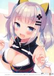  1girl bangs blue_eyes blush breasts cleavage cleavage_cutout dated hair_ornament hairclip highres image_sample kaguya_luna large_breasts looking_at_viewer obi open_mouth sash scan silver_hair sleeveless smile solo tagme the_moon_studio twintails upper_body virtual_youtuber wristband 