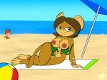  2019 4:3 anthro areola ball beach beach_ball bedroom_eyes big_ears bikini blush bracelet breasts brown_fur canid canine clothed clothing detailed_background digital_media_(artwork) exposed_breasts eyelashes female flashing fox fur green_eyes grin hair half-closed_eyes haplorhine hi_res jewelry lana_banana_(felino) long_tail lying mammal monkey necklace nipples on_side outside partially_clothed primate puffdraws seaside seductive short_hair sky smile swimwear thick_thighs towel umbrella water wide_hips 