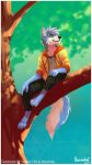  2019 4_toes 5_fingers anthro barefoot blue_fur blue_hair canid canine canis clothed clothing digital_media_(artwork) domestic_dog fingers fur green_eyes hair hi_res male mammal solo thanshuhai toes 