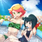  2girls amanda_o&#039;neill armpit_peek bikini black_eyes black_hair blush breasts bubble_tea chihiri cloud cloudy_sky collarbone constanze_amalie_von_braunschbank-albrechtsberger drink glass green_bikini green_eyes hair_ornament hair_ribbon hand_on_shoulder light_rays little_witch_academia multiple_girls navel open_mouth orange_hair outdoors ponytail pool ribbon shiny shiny_hair short_hair sky small_breasts smile sunbeam sunlight swimsuit swimwear yuri 