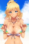 1girl absurdres bangs beach bikini bikini_tan blonde_hair blue_eyes blue_sky blurry blurry_background blush bracelet breasts cleavage cloud collarbone day eyebrows_visible_through_hair grin hair_ornament highres idolmaster idolmaster_cinderella_girls jewelry large_breasts long_hair looking_at_viewer multicolored multicolored_bikini multicolored_clothes navel necklace o-ring o-ring_bikini ootsuki_yui outdoors ponytail red_nails ryuu. sky smile solo star stomach swimsuit tan tanline wavy_hair 