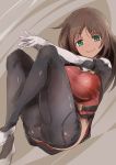  1girl alice_gear_aegis bodysuit brown_hair closed_mouth dark_skin eyebrows_visible_through_hair green_eyes highres kaneshiya_sitara leggings smile solo yohane 