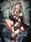 1girl absurdres arknights bare_legs bare_shoulders breasts commentary_request forest high_ponytail highres horns long_hair looking_at_viewer main0567 nature outdoors parted_hair parted_lips pointy_ears red_eyes shining_(arknights) silver_hair sitting solo straight_hair 
