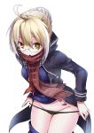  1girl ahoge artoria_pendragon_(all) bangs bare_thighs black_panties blonde_hair blue_jacket commentary_request crost fate/grand_order fate_(series) glasses hair_bun highres jacket leaning_forward looking_at_viewer mysterious_heroine_x_(alter) neckerchief no_pants open_clothes open_jacket open_mouth panties panty_pull plaid plaid_scarf pulled_by_self red_neckwear scarf short_hair sidelocks simple_background solo underwear white_background yellow_eyes 