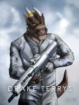  2017 anthro brown_skin by-nc-nd clothing creative_commons digital_media_(artwork) drake_(disambiguation) hi_res horn male movie_poster obfuscator poster reptile scalie simple_background suit weapon yellow_eyes 