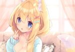  1girl amamiya_mei animal_ear_fluff animal_ears backlighting bangs blonde_hair blue_eyes blue_shirt blush collarbone commentary_request curtains day eyebrows_visible_through_hair fingernails fox_ears fox_girl fox_tail hair_between_eyes hair_ornament hairclip hand_up index_finger_raised long_hair long_sleeves looking_at_viewer original p19 parted_lips pillow puffy_long_sleeves puffy_sleeves shirt sidelocks sleeves_past_wrists solo tail tail_raised window x_hair_ornament 