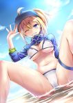  ahoge artoria_pendragon_(all) bangs bikini blonde_hair blue_eyes blue_sky blush breasts cleavage cloud cloudy_sky commentary_request crost day fate/grand_order fate_(series) grin highres knees_up large_breasts looking_at_viewer medium_hair mysterious_heroine_xx_(foreigner) one_eye_closed outdoors ponytail sidelocks sitting sky smile spread_legs swimsuit teeth thigh_strap thighs water wet white_bikini zipper 