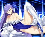  1girl bangs bare_shoulders blue_eyes blue_ribbon blue_swimsuit bnc_(bunshi) breasts choker collarbone covered_navel fate/grand_order fate_(series) frills greaves hair_between_eyes hair_ribbon highleg highleg_swimsuit knee_up long_hair looking_at_viewer lying meltryllis meltryllis_(swimsuit_lancer)_(fate) on_side one-piece_swimsuit parted_lips puffy_sleeves purple_hair ribbon sleeves_past_fingers sleeves_past_wrists small_breasts smile solo swimsuit thighs very_long_hair 