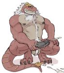  2019 anthro anthrofied balls biceps blush bodily_fluids digital_media_(artwork) dinosaur erection fossil_pok&eacute;mon fur genital_fluids hair hi_res humanoid_penis hyenaface male muscular muscular_male nintendo nipples nude pecs penis pok&eacute;mon pok&eacute;mon_(species) pok&eacute;morph reptile scalie simple_background smile solo theropod tyrantrum video_games white_fur 