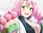  1girl breasts cleavage gradient_hair green_eyes green_hair haori japanese_clothes jdjd0tmt kanroji_matsuri kimetsu_no_yaiba looking_at_viewer mole mole_under_eye multicolored_hair open_clothes open_mouth pink_hair portrait smile solo tri_braids unbuttoned unbuttoned_shirt uniform 