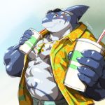  1:1 2019 5_fingers blue_body brown_fur cetacean clothed clothing delphinoid drinking eyewear fingers fish fur humanoid_hands hybrid kuroma male mammal marine musclegut oceanic_dolphin open_shirt orca pendant red_eyes scar shark signature simple_background sunglasses tokyo_afterschool_summoners toothed_whale two_tone_body typhon video_games white_body 