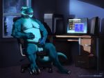  2017 4:3 anthro balls blue_body blue_nipples blue_penis by-nc-nd creative_commons detailed_background digital_media_(artwork) dragomar erection hi_res humanoid_penis lizard male masturbation musclegut night nipples nude obfuscator open_mouth penis reptile scalie slightly_chubby solo yellow_eyes 