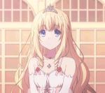  1girl amagi_brilliant_park animated animated_gif bangs bare_shoulders blonde_hair blue_eyes blush closed_mouth drill_hair eyebrows_visible_through_hair latifa_fleuranza long_hair lowres princess smile solo source_request tiara twin_drills 