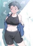  1girl ass_visible_through_thighs bike_shorts black_hair breasts covered_nipples inu_(aerodog) large_breasts looking_away midriff navel original partially_undressed puffy_nipples purple_eyes short_hair solo sports_bra sweat thighs 