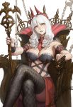  1girl bangs bare_shoulders blunt_bangs breasts carmilla_(fate/grand_order) chain cleavage crossed_legs curly_hair elizabeth_bathory_(fate) elizabeth_bathory_(fate)_(all) fate/grand_order fate_(series) fuli_dun headgear highres holding jewelry large_breasts long_hair looking_at_viewer open_mouth scepter simple_background sitting solo staff supportasse white_hair yellow_eyes 