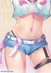  1girl alternate_costume artist_name azur_lane belt black_panties breasts casual character_name close-up contemporary contrapposto crop_top denim denim_shorts english_commentary kirishima_(azur_lane) micro_shorts midriff navel okippp panties patreon_username short_shorts shorts skindentation solo stomach thigh_strap thong underwear 