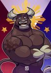  2019 anthro biceps bovid bovine cattle hi_res horn looking_at_viewer male mammal muscular muscular_male pecs philippines smile solo tattoo tehbluebubble 
