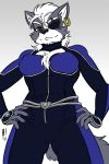  1_eye 2019 alternate_costume anthro belt breasts canid canine canis catsuit_(disambiguation) chest_tuft cleavage_cutout clothed clothing clothing_swap color_edit colored cosplay crossgender ear_piercing ear_ring edit eye_patch eyewear felicity_longis female fur gold_(metal) gold_jewelry grey_fur heresy_(artist) hi_res jewelry keyhole_turtleneck krystal looking_at_viewer low-angle_view mammal navel nintendo piercing star_fox sweater topwear tuft video_games white_fur wolf wolf_o&#039;donnell 