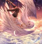  1girl above_clouds angel angel_wings bare_shoulders black_legwear breasts bridal_gauntlets chain cloud cloudy_sky crying crying_with_eyes_open dress earrings falling feathered_wings feathers floating_hair gradient_sky highres jewelry large_breasts lkeris long_hair looking_at_viewer looking_to_the_side mismatched_legwear original parted_lips purple_eyes revealing_clothes shooting_star sideboob sidelocks sky solo star_(sky) starry_sky sunset tears thighhighs thighs toeless_legwear torn_clothes torn_legwear very_long_hair white_dress white_hair wings 
