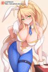  1girl animal_ears artoria_pendragon_(all) artoria_pendragon_(swimsuit_ruler)_(fate) blonde_hair blue_legwear blue_neckwear blush braid breasts bunny_ears bunnysuit cleavage closed_mouth commentary_request detached_collar eyebrows_visible_through_hair fate/grand_order fate_(series) feather_boa fishnet_pantyhose fishnets french_braid green_eyes hair_between_eyes hand_on_hip large_breasts leaning_forward leotard long_hair looking_at_viewer navel navel_cutout necktie pantyhose ponytail revision sidelocks solo standing tiara very_long_hair waero wrist_cuffs 