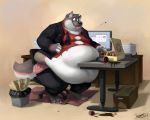  absurd_res anthro belly belly_overhang belly_squish beverage big_belly button_pop canid canine canis chair chubby_cheeks claws clothed clothing coffee computer desk double_chin doughnut eating food fur grey_fur hi_res inside kygen male mammal midriff moobs obese obese_male overweight overweight_male pink_fur sitting smile solo squish toe_claws trash_can underwear white_fur wolf 