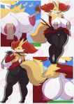  2019 anthro big_breasts big_butt black_skin bodily_fluids breasts butt canid canine canis delphox digital_drawing_(artwork) digital_media_(artwork) ear_tuft female fur half-closed_eyes hi_res huge_breasts human inner_ear_fluff looking_at_viewer mammal multicolored_fur nintendo nipples note open_mouth pasties pok&eacute;mon pok&eacute;mon_(species) red_fur side_boob smile solo sssonic2 stick sweat tape thick_thighs tongue tongue_out tuft video_games white_fur yellow_fur 