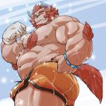  better_version_at_source body_hair bracelet breath chernobog demon facial_hair hair horn jewelry male male/male musclegut muscular mustache nipples otsukimi overweight smile sparkles tokyo_afterschool_summoners video_games 