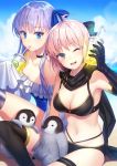  2girls ;d ahoge animal armpits bare_shoulders beach bikini bird black_bikini black_gloves black_legwear black_scarf blonde_hair blue_eyes blue_sky blue_swimsuit bow breasts choker cleavage cloud cloudy_sky collarbone commentary_request cup day disposable_cup drinking_straw elbow_gloves fate/grand_order fate_(series) frills gloves hair_bow half_updo hand_up holding holding_cup horizon long_sleeves looking_at_viewer medium_breasts meltryllis meltryllis_(swimsuit_lancer)_(fate) multiple_girls navel ocean okita_souji_(fate)_(all) okita_souji_(swimsuit_assassin)_(fate) one-piece_swimsuit one_eye_closed open_mouth outdoors penguin scarf short_hair single_glove single_thighhigh sitting sky sleeves_past_fingers sleeves_past_wrists smile swimsuit thigh_strap thighhighs yamyom 