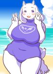  2019 4_fingers 4_toes anthro beach big_breasts blush boss_monster bovid breasts caprine clothing cute_fangs female fingers gesture mammal navel open_mouth purple_eyes seaside slightly_chubby solo swimwear thick_thighs toes toriel undertale unknown_artist v_sign video_games voluptuous wide_hips 