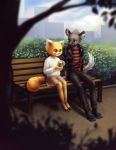  2019 aggressive_retsuko ailurid anthro bench beverage blouse bottomwear bush_(disambiguation) clothed clothing coffee detailed_background duo female fluffy fluffy_tail footwear fur haida hi_res hyaenid jacket looking_at_another male mammal on_bench outside pants park red_panda retsuko sanrio skirt spotted_hyena topwear 