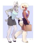  anthro assisted_exposure blush bottomwear bovid caprine cervid cervine clothing clothing_lift diaper duo eyewear feces female glasses hand_on_hip hi_res looking_at_butt looking_back mammal messy_diaper scat sheep skirt skirt_lift soiling wen 