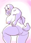 2019 big_breasts blush boss_monster bovid breasts butt caprine clothed clothing cute_fangs eyewear female looking_at_viewer looking_back mammal purple_eyes solo thick_thighs topless toriel undertale unknown_artist video_games 
