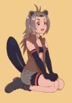  1girl :d american_beaver_(kemono_friends) animal_ears antenna_hair beaver_ears beaver_tail bike_shorts bike_shorts_under_shorts bikini_top black_bikini_top black_footwear black_gloves boots breasts brown_eyes brown_vest cleavage eyebrows_visible_through_hair full_body fur_collar gloves grey_hair grey_shorts hair_ornament hairclip kemono_friends long_hair open_clothes open_mouth open_vest orange_background shorts sitting small_breasts smile solo tail tail_raised tanuki_koubou torn_clothes torn_shorts v_arms vest wariza 