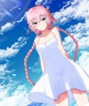  beach dress epic7 green_eyes highres looking_at_viewer pink_hair ribbon sky smile tenebria_(epic7) twintails twomoon 