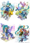  1girl agumon bare_shoulders brown_gloves brown_shorts can chimney collared_shirt cosplay denim digimon digimon_adventure fanta flying gabumon gloves goggles goggles_around_neck graffiti green_hair green_legwear green_shirt green_shorts hair_ornament hatsune_miku helmet highres horn ishida_yamato ishida_yamato_(cosplay) izumi_koushirou izumi_koushirou_(cosplay) jeans lightning_bolt long_hair looking_at_another looking_at_viewer looking_away multiple_views onsen_symbol open_mouth orange_shirt pants pavement piyomon power_lines red_gloves rooftop saitou_naoki shirt shoes shorts sitting sleeveless sneakers socks stairs star sweater takenouchi_sora takenouchi_sora_(cosplay) tentomon turtleneck turtleneck_sweater twintails vocaloid white_gloves white_legwear yagami_taichi yagami_taichi_(cosplay) yellow_gloves yellow_shirt 