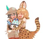  2girls :d ^_^ animal_ear_fluff animal_ears animal_print backpack bag bangs bare_shoulders black_gloves black_hair black_legwear blue_eyes bow bowtie closed_eyes elbow_gloves gloves hair_between_eyes hat hat_feather high-waist_skirt kaban_(kemono_friends) kemono_friends legwear_under_shorts looking_at_another lucky_beast_(kemono_friends) multiple_girls open_mouth orange_hair orange_skirt pantyhose red_shirt serval_(kemono_friends) serval_ears serval_print serval_tail shirt short_hair shorts simple_background skirt sleeveless sleeveless_shirt smile solo striped_tail tail tail_raised tanuki_koubou white_background white_shirt 