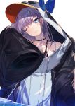  1girl animal_hood bangs bikini bikini_top bikini_under_clothes black_bikini_top black_choker black_jacket blue_bow blue_eyes bow choker closed_mouth collarbone commentary_request eyebrows_visible_through_hair fate/grand_order fate_(series) hakuishi_aoi hand_up hood hood_up hooded_jacket jacket long_sleeves looking_at_viewer meltryllis meltryllis_(swimsuit_lancer)_(fate) one_eye_closed penguin_hood purple_hair simple_background sleeves_past_fingers sleeves_past_wrists smile solo swimsuit upper_body water white_background 