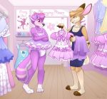  anthro canid canine canis clothed clothing crossdressing crossed_arms diaper domestic_dog dress female fitting_room girly lagomorph leporid male mammal rabbit wen 